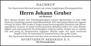Traueranzeige Johann Gruber
