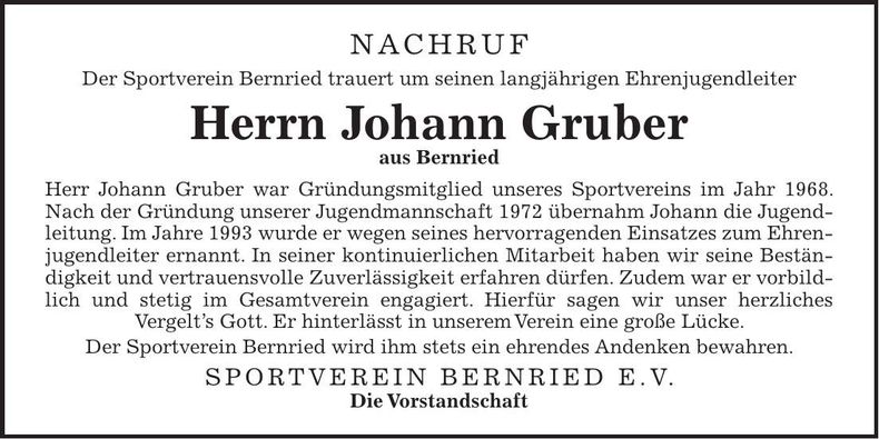 Traueranzeige Johann Gruber