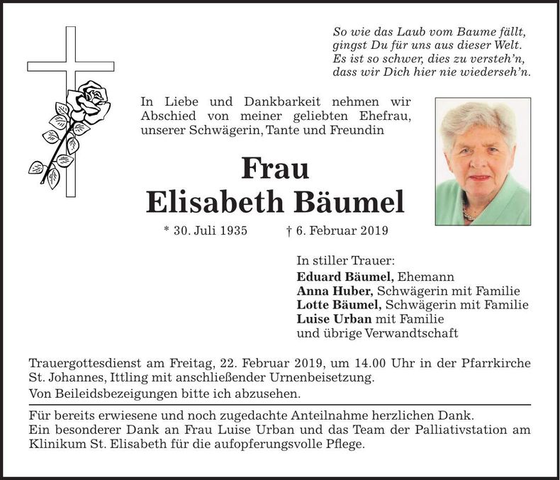 Traueranzeige Elisabeth Bäumel