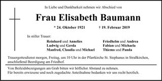 Traueranzeige Elisabeth Baumann