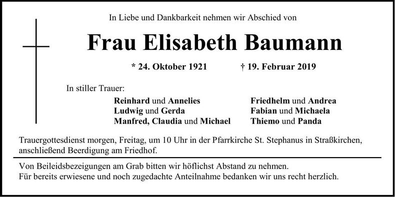 Traueranzeige Elisabeth Baumann