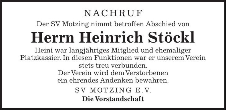 Traueranzeige Heinrich Stöckl