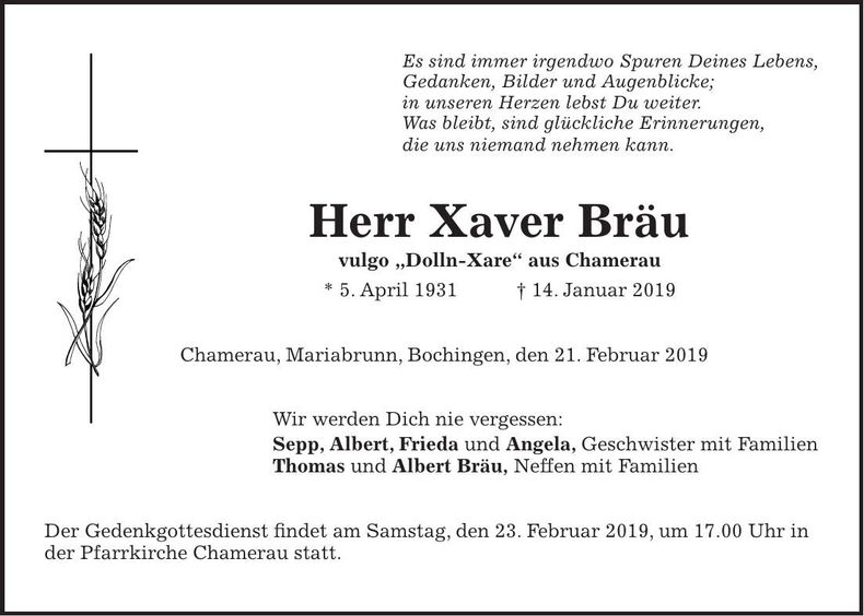 Traueranzeige Xaver Bräu