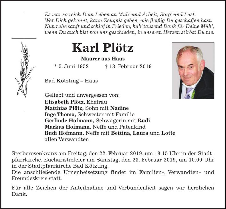 Traueranzeige Karl Plötz