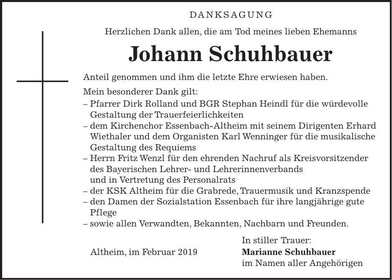 Traueranzeige Johann Schuhbauer