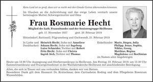 Traueranzeige Rosmarie Hecht