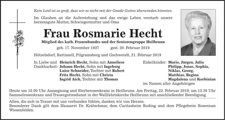 Traueranzeige Rosmarie Hecht