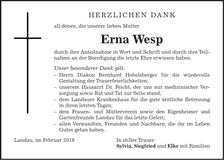 Traueranzeige Erna Wesp