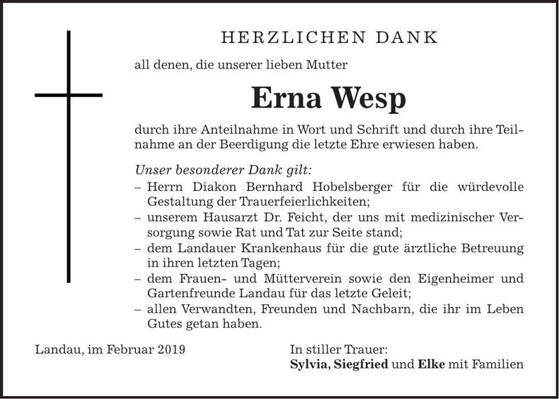 Traueranzeige Erna Wesp