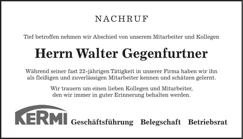 Traueranzeige Walter Gegenfurtner