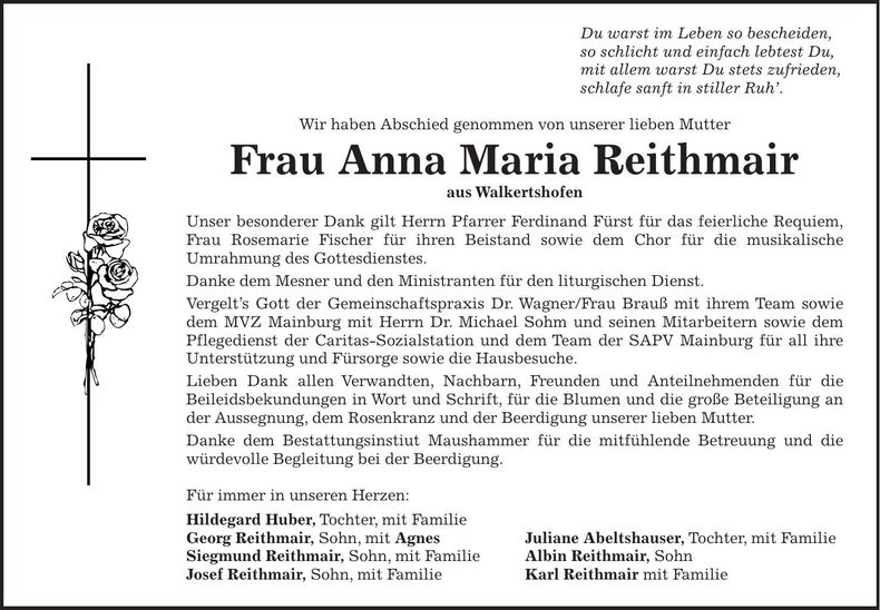 Traueranzeige Anna Maria Reithmair