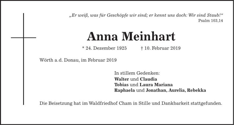 Traueranzeige Anna Meinhart