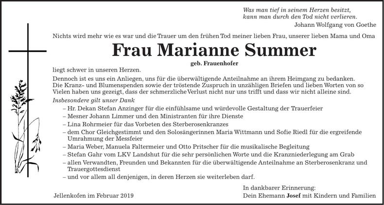 Traueranzeige Marianne Summer