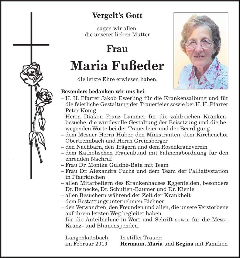 Traueranzeige Maria Fußeder