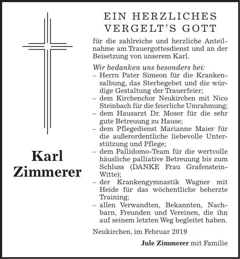 Traueranzeige Zimmerer Karl