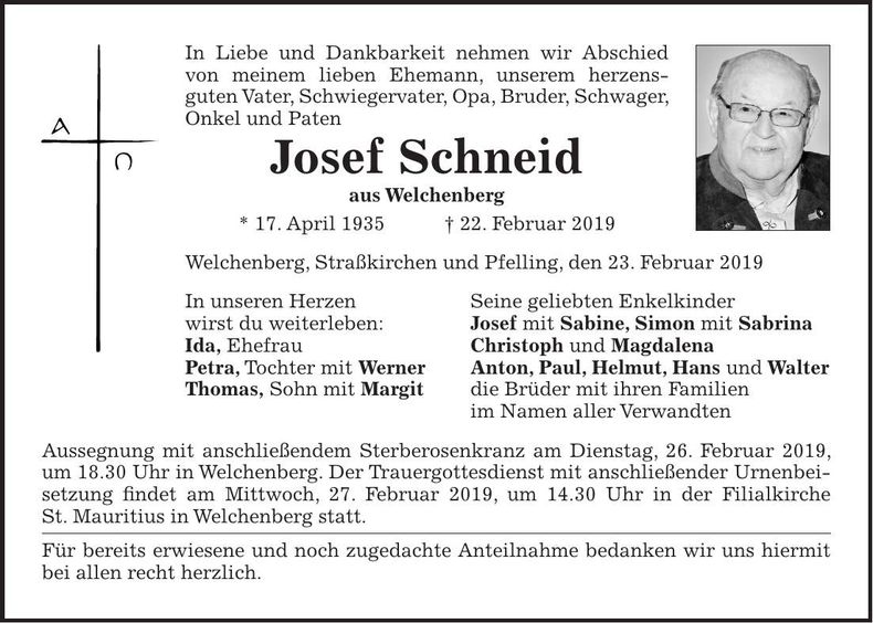 Traueranzeige Josef Schneid