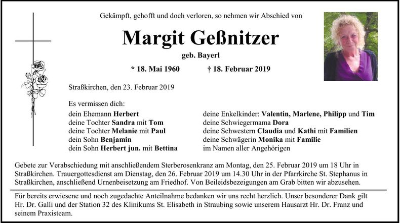 Traueranzeige Margit Geßnitzer