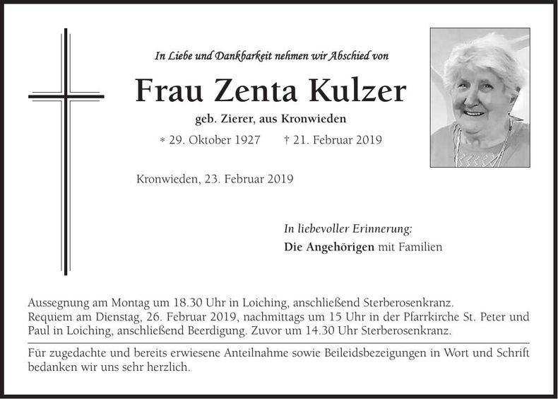 Traueranzeige Zenta Kulzer