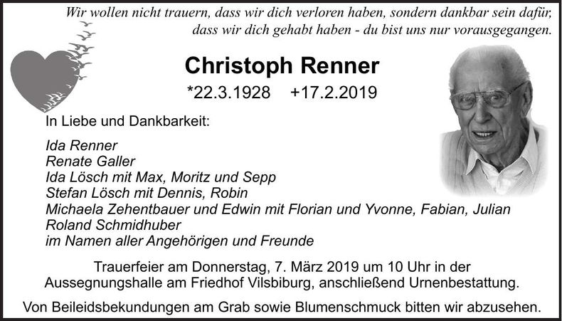 Traueranzeige Christoph Renner