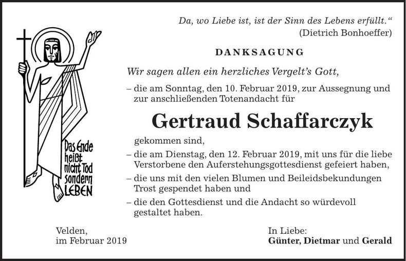 Traueranzeige Gertraud Schaffarczyk