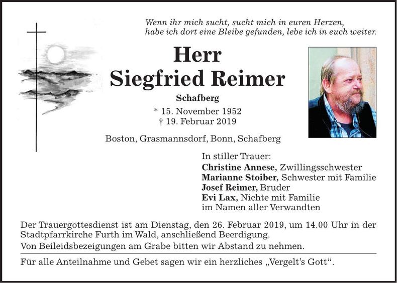 Traueranzeige Siegfried Reimer