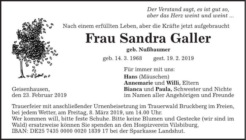 Traueranzeige Sandra Galler