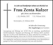 Traueranzeige Zenta Kulzer
