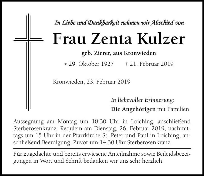 Traueranzeige Zenta Kulzer