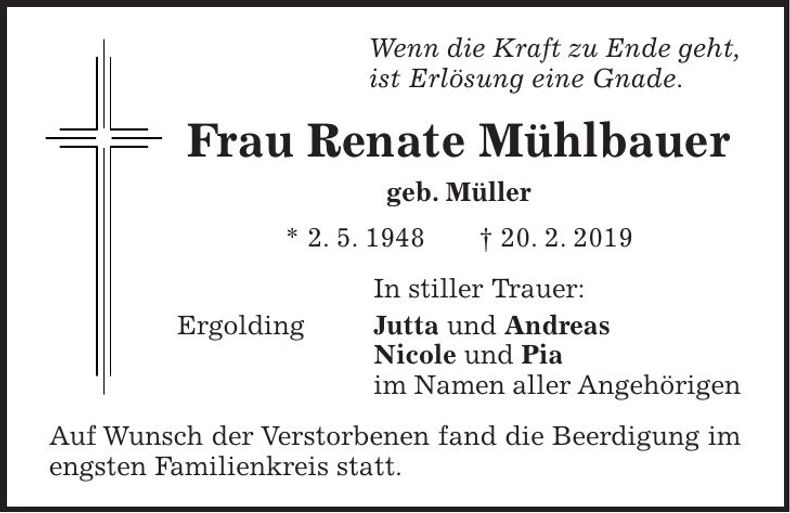 Traueranzeige Renate Mühlbauer