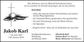 Traueranzeige Jakob Karl