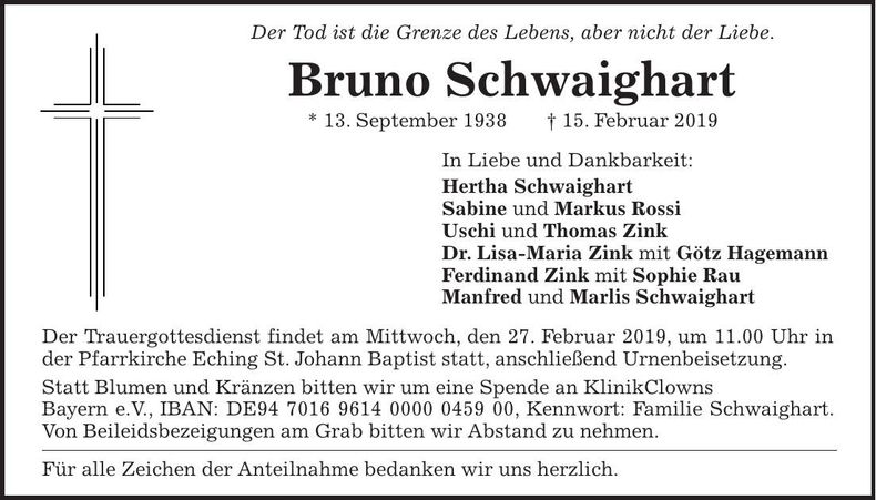 Traueranzeige Bruno Schwaighart