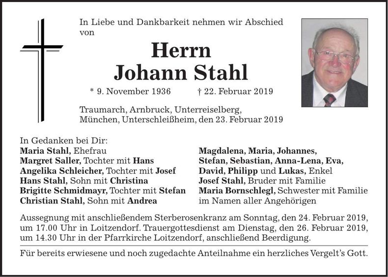 Traueranzeige Johann Stahl