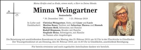 Traueranzeige Minna Weingartner