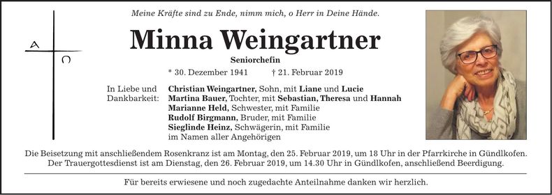 Traueranzeige Minna Weingartner