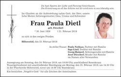 Traueranzeige Paula Dietl