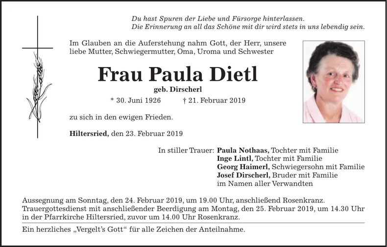 Traueranzeige Paula Dietl