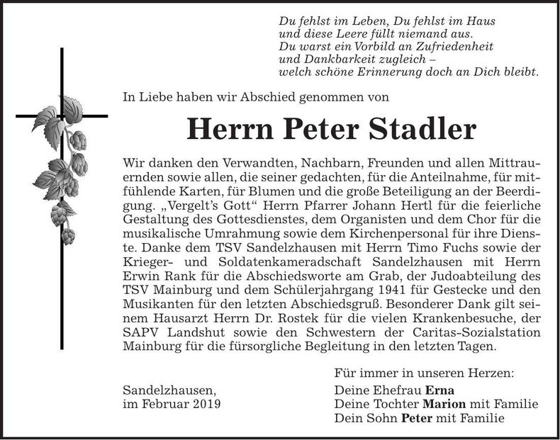 Traueranzeige Peter Stadler