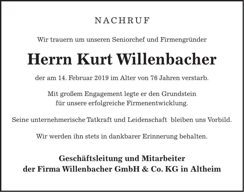 Traueranzeige Kurt Willenbacher