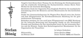 Traueranzeige Stefan Hönig