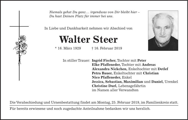 Traueranzeige Walter Steer