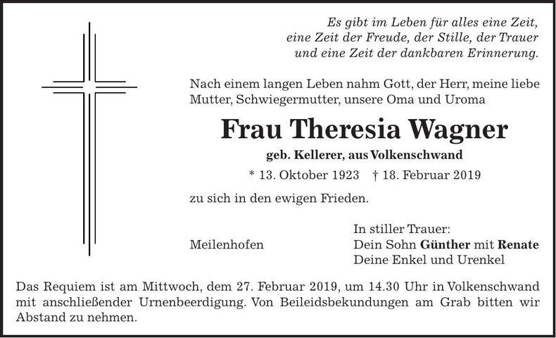 Traueranzeige Theresia Wagner