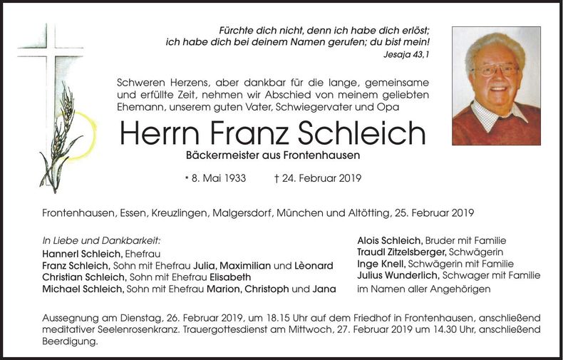 Traueranzeige Franz Schleich