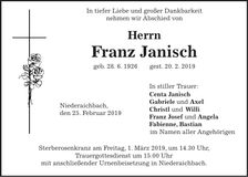 Traueranzeige Franz Janisch