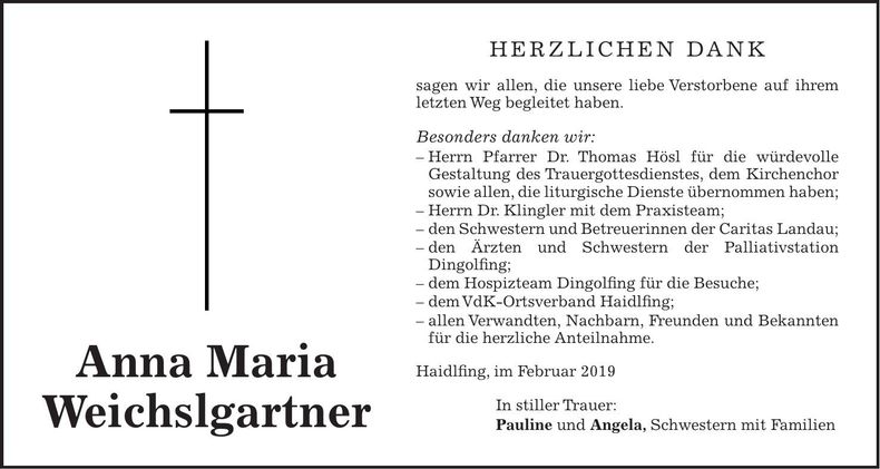 Traueranzeige Anna Maria Weichselgartner