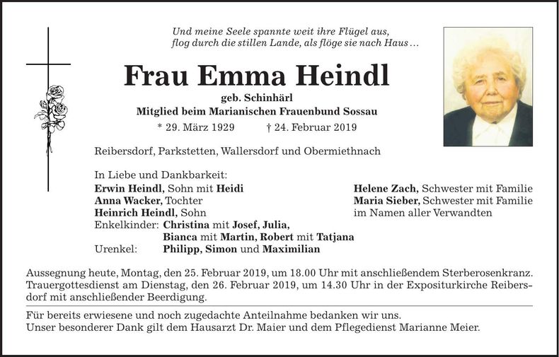 Traueranzeige Emma Heindl
