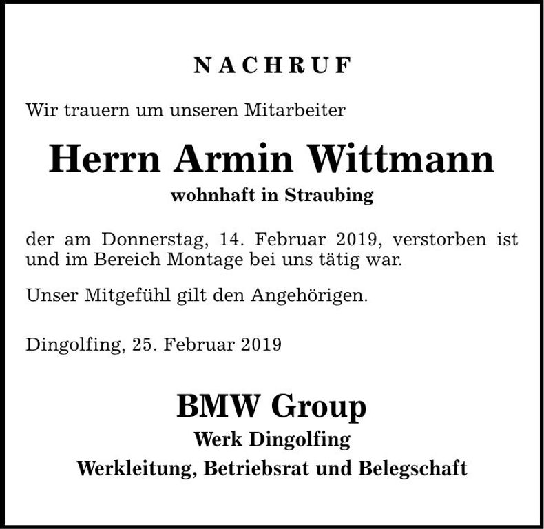 Traueranzeige Armin Wittmann