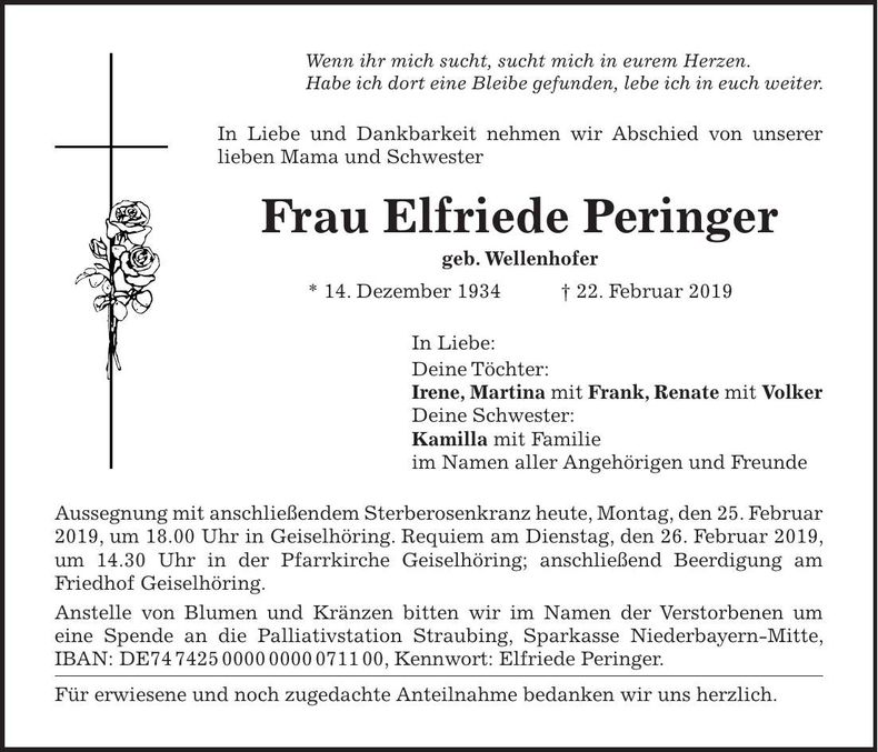 Traueranzeige Elfriede Peringer