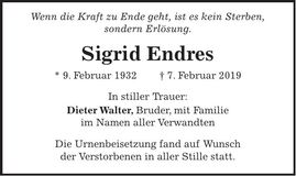 Traueranzeige Sigrid Endres