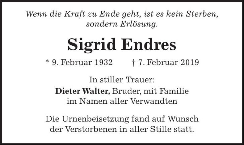 Traueranzeige Sigrid Endres
