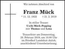 Traueranzeige Franz Mück